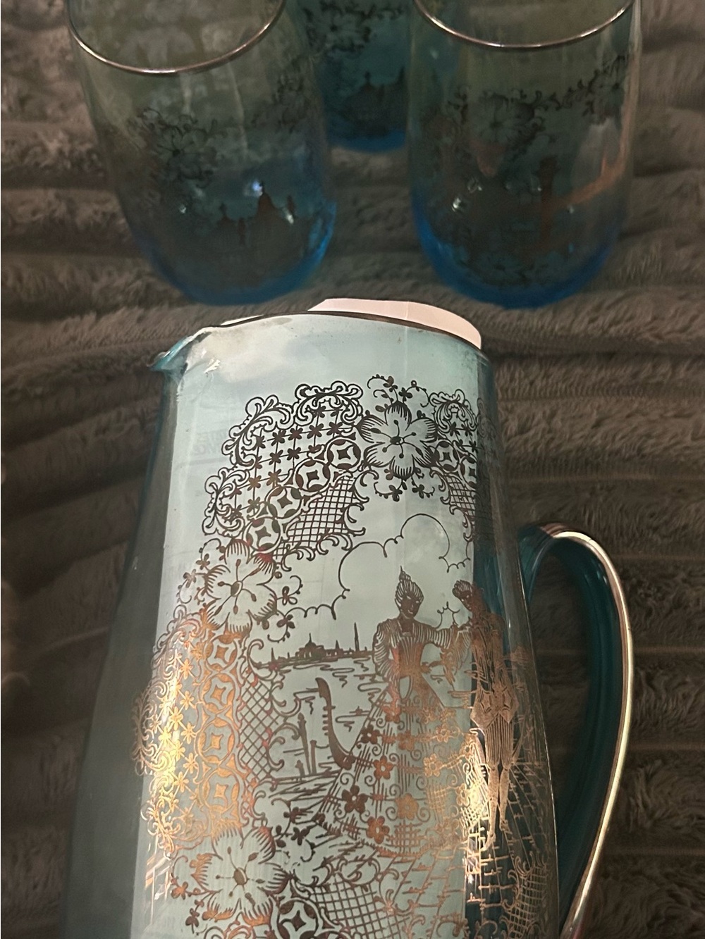 Venetian blue glassware pitcher and glasses
